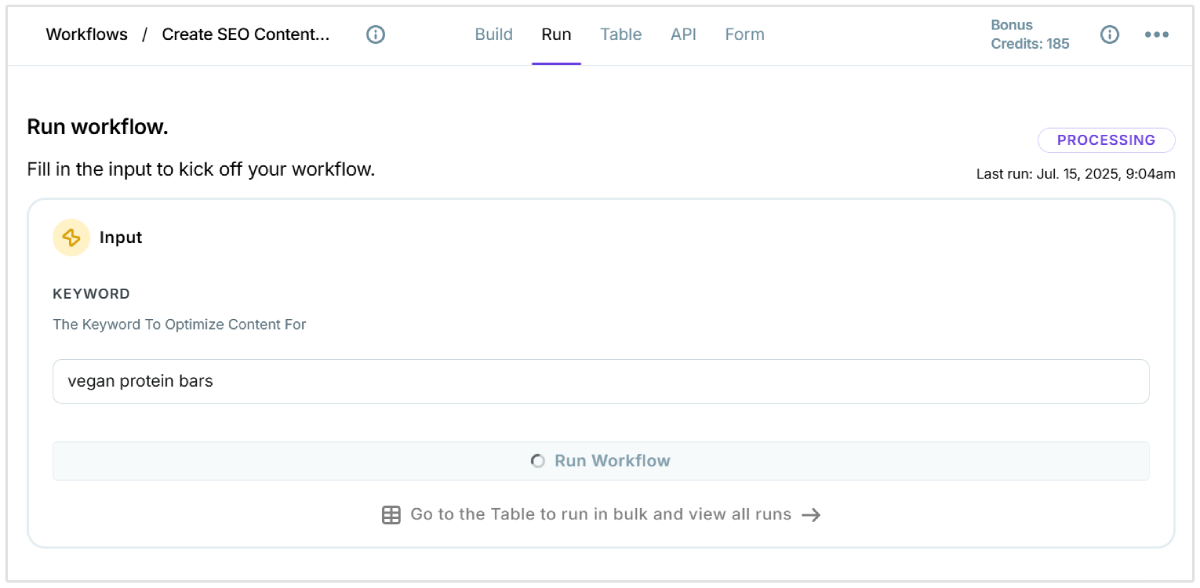 SEO content brief workflow input